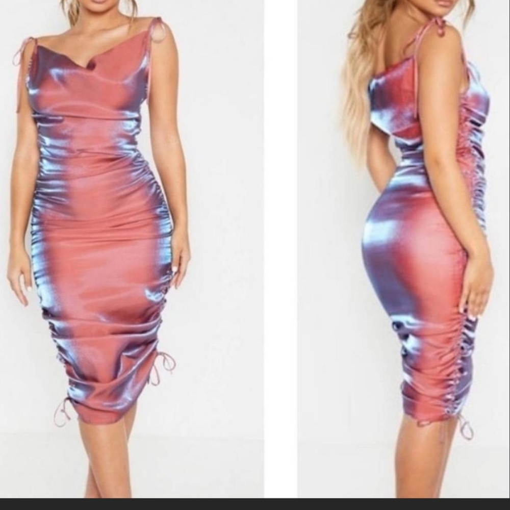 PrettyLittleThing Blue and Pink Satin Midi Dress